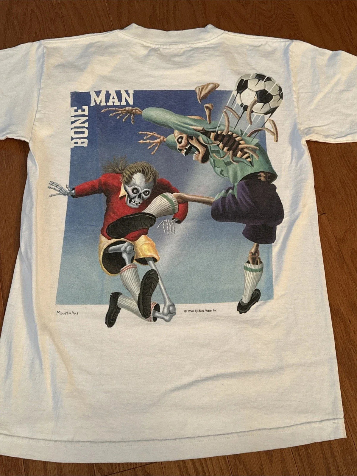 Vtg Bone Man Skeleton Soccer T-Shirt, White, Size Small 1996 90s Unisex T-shirt, Sweatshirt, Hoodie, Long Sleeve Tee - T-Shirt, Sweatshirt, Hoodie