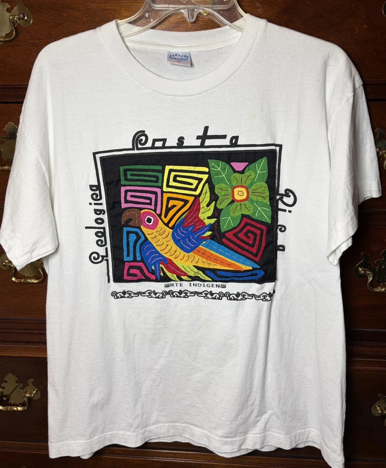 Costa Rica Bird T Shirt Hand Made by Kuna Yala Indians multi colored design sz L Unisex T-shirt, Sweatshirt, Hoodie, Long Sleeve Tee - T-Shirt, Sweatshirt, Hoodie