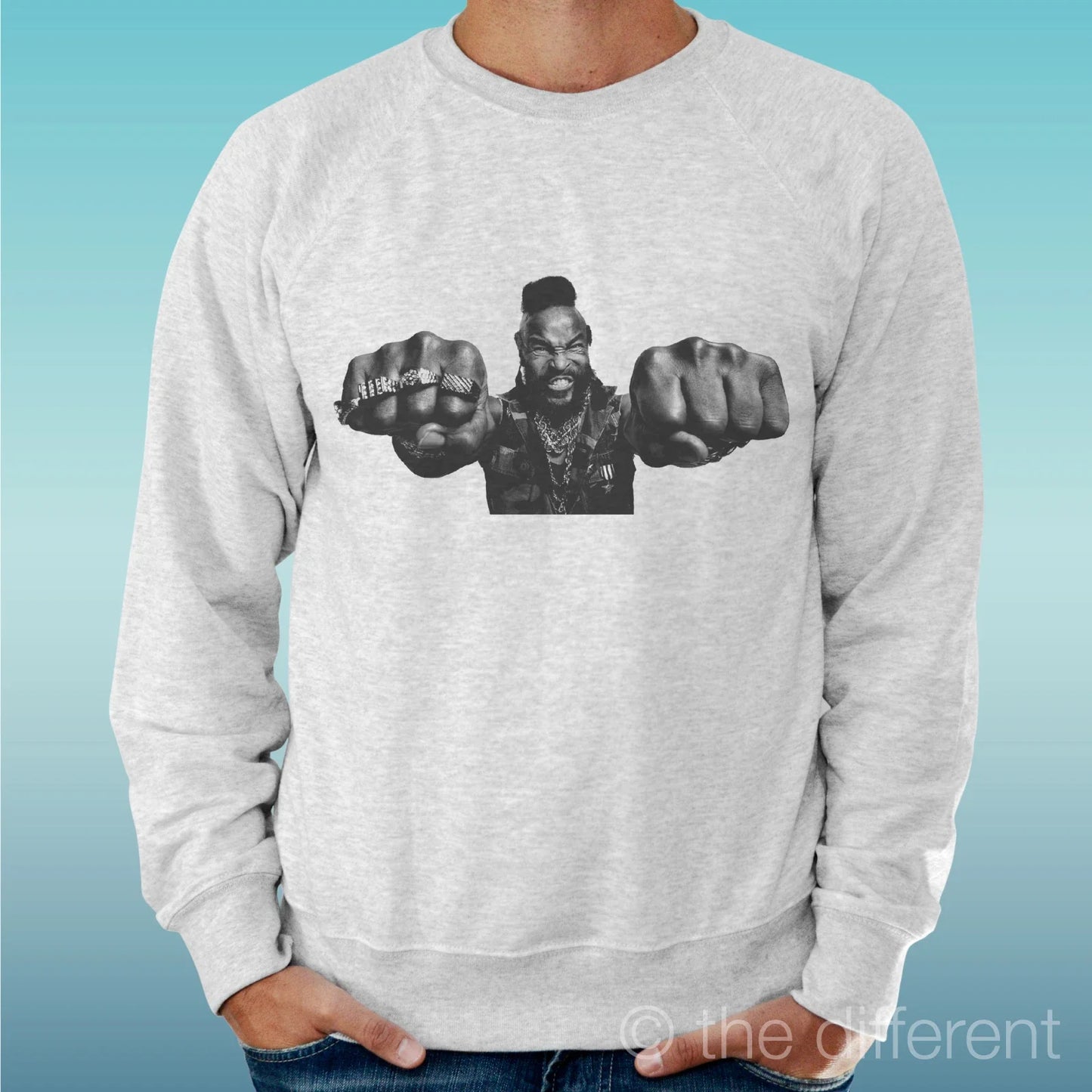 Felpa Man Light Sweater Light Grey " Mr.T Punching Vintage Cult " Unisex T-shirt, Sweatshirt, Hoodie, Long Sleeve Tee - T-Shirt, Sweatshirt, Hoodie