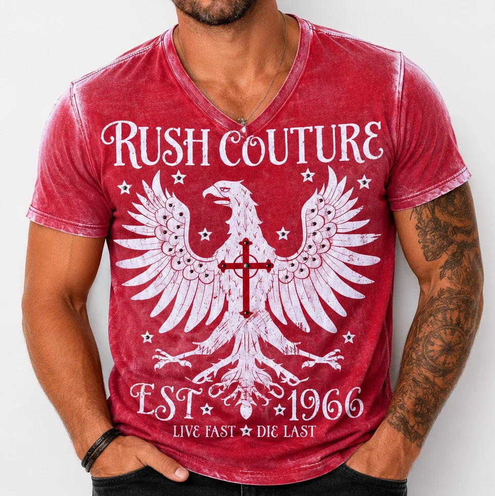 Rush Couture Men's V-neck Tee Shirt Red White Studded Size Large Graphic Y2K Unisex T-shirt, Sweatshirt, Hoodie, Long Sleeve Tee - T-Shirt, Sweatshirt, Hoodie