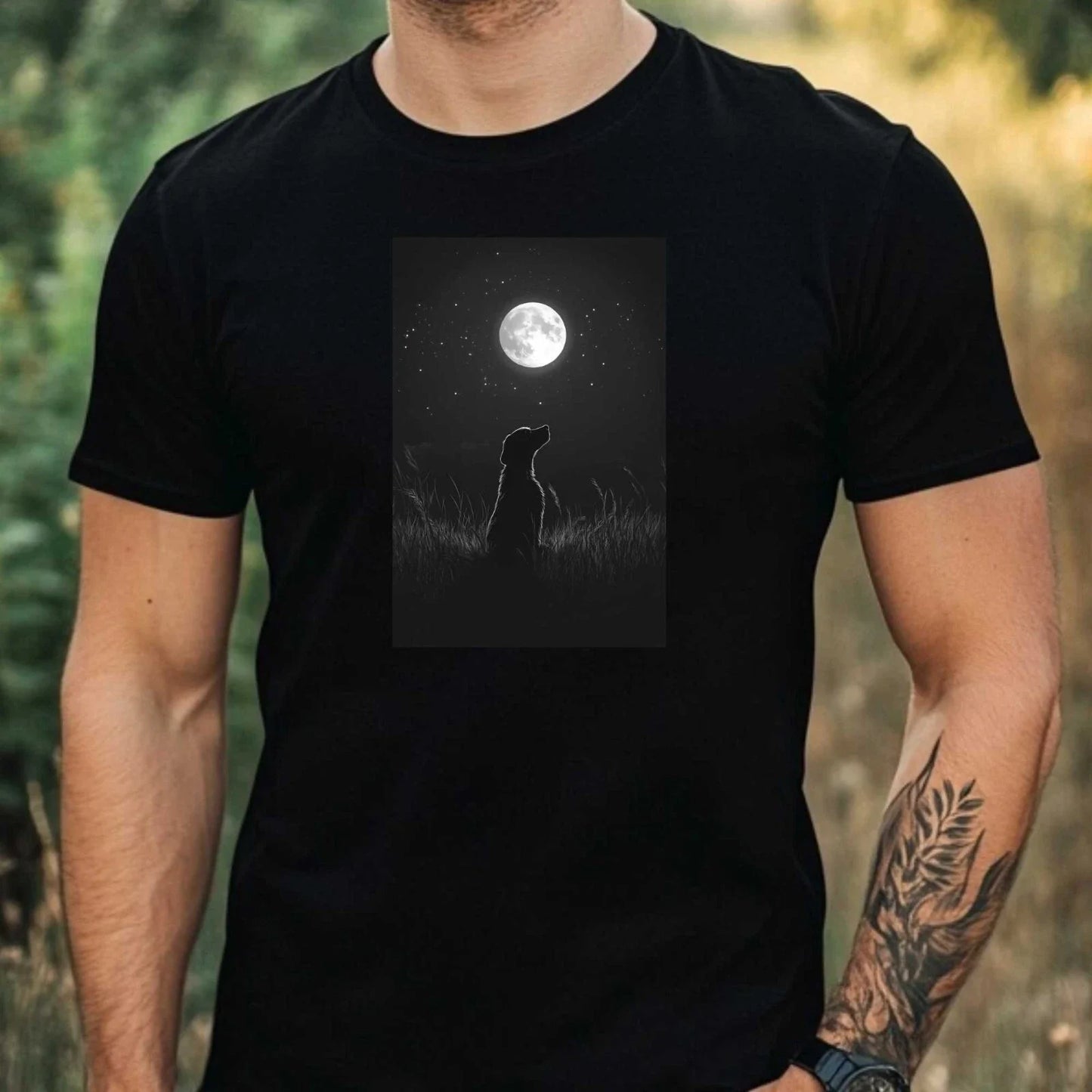 Men's T-Shirt Dog in the Moonlight Motif Cotton Size XS to 5XL Unisex T-shirt, Sweatshirt, Hoodie, Long Sleeve Tee - T-Shirt, Sweatshirt, Hoodie
