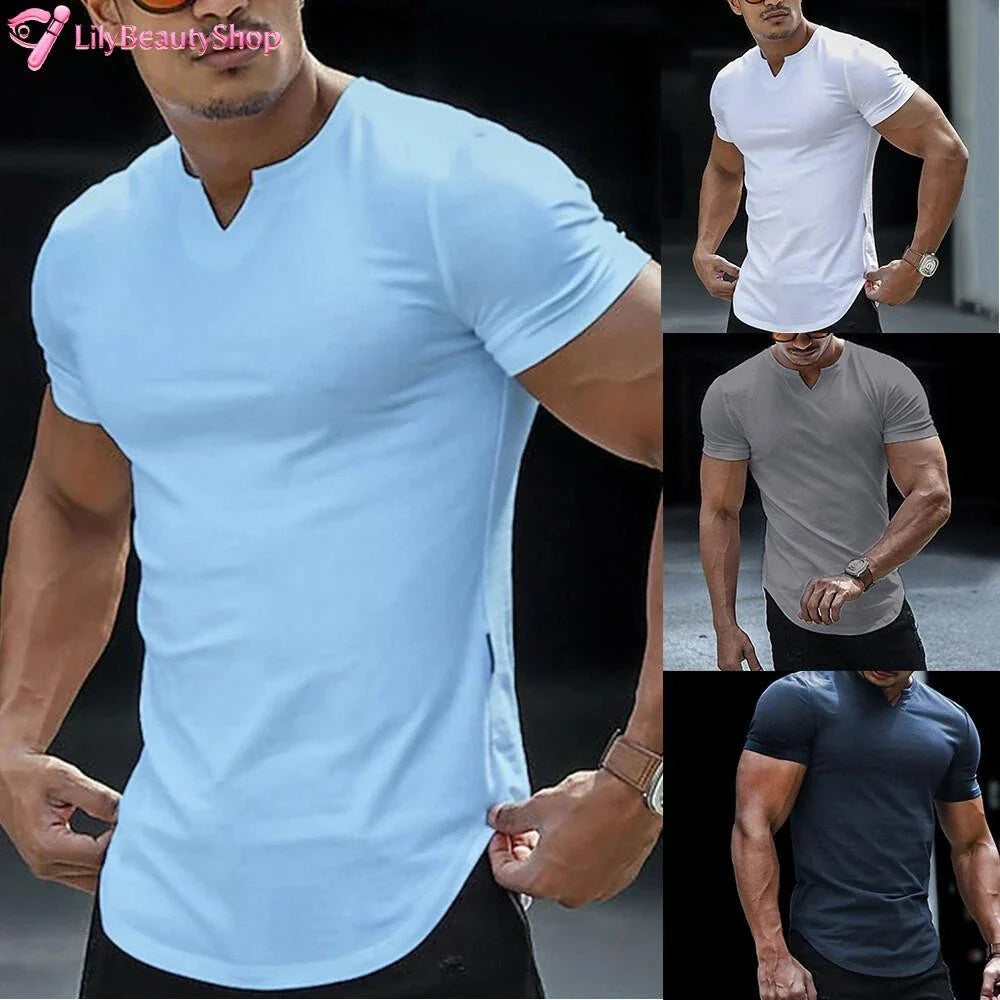 Men Solid V Neck T Shirt Short Sleeve Summer Tops Skinny Tees Casual Stretch Unisex T-shirt, Sweatshirt, Hoodie, Long Sleeve Tee - T-Shirt, Sweatshirt, Hoodie