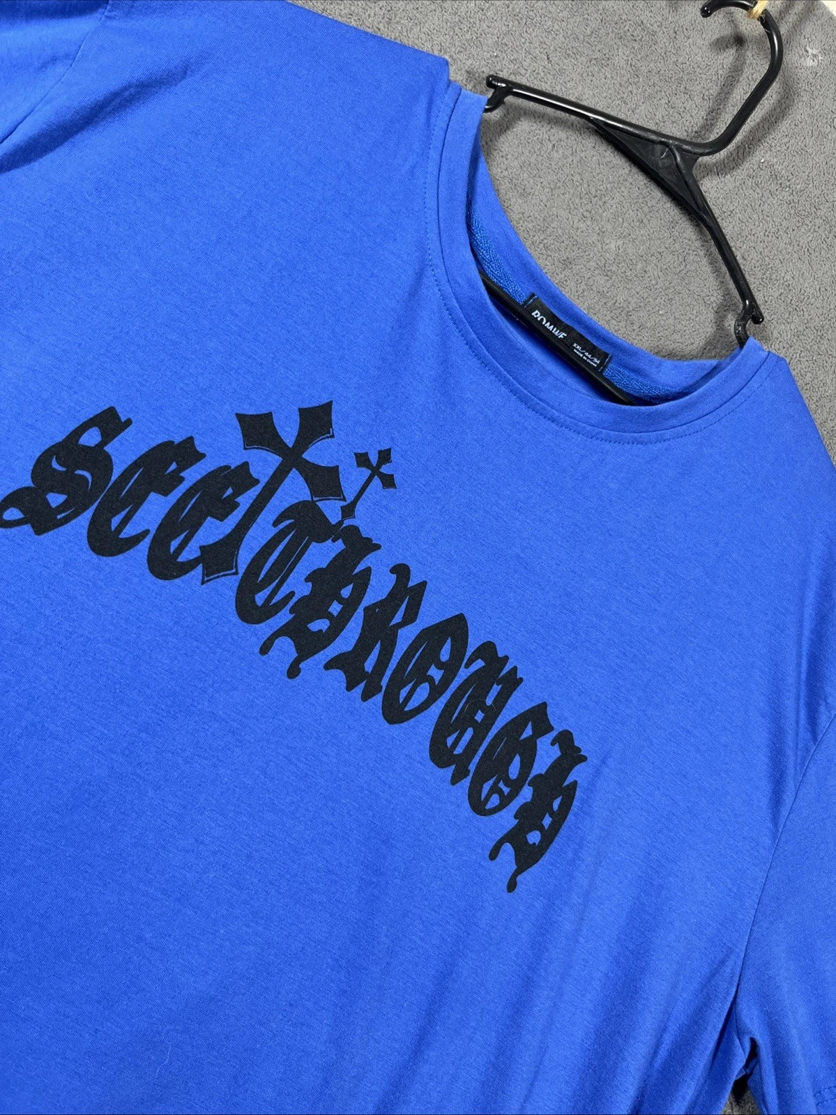 ROMWE Shirt Mens XXL 2XL Blue Cross Graphic T-Shirt Tee Gothic Y2K See Through Unisex T-shirt, Sweatshirt, Hoodie, Long Sleeve Tee - T-Shirt, Sweatshirt, Hoodie