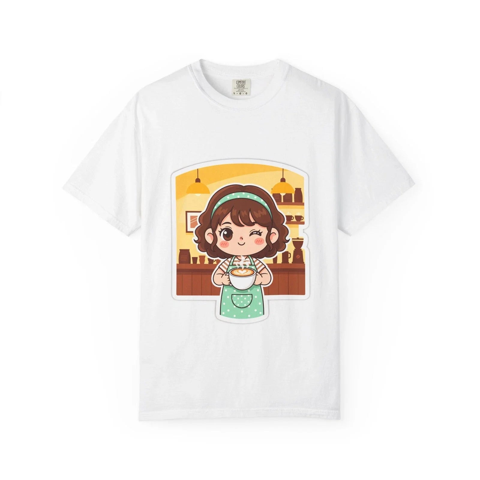 Barista T-Shirt Coffee Lover Winking Girl Cartoon Latte Art 100% Cotton Gift Tee Unisex T-shirt, Sweatshirt, Hoodie, Long Sleeve Tee - T-Shirt, Sweatshirt, Hoodie