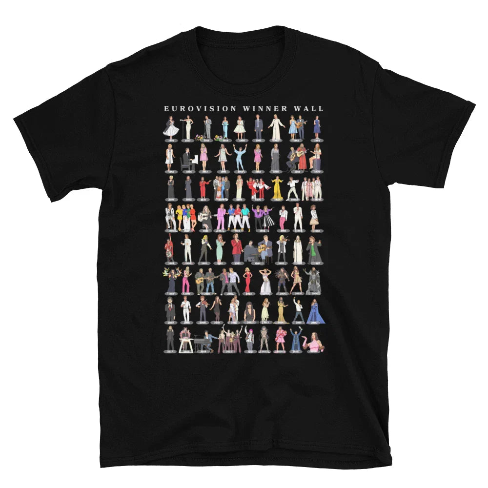 Eurovision Winner wall Unisex T-Shirt ESC Cartoon Eurovision winners 1956-2026 Unisex T-shirt, Sweatshirt, Hoodie, Long Sleeve Tee - T-Shirt, Sweatshirt, Hoodie