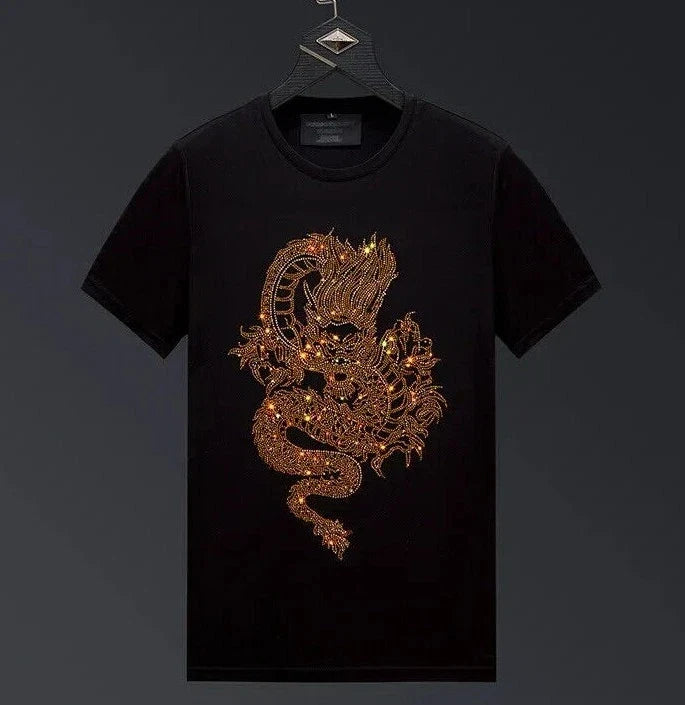 New Men Luxury Rhinestones Dragon Fashion Black White Red T-Shirt High Quality Unisex T-shirt, Sweatshirt, Hoodie, Long Sleeve Tee - T-Shirt, Sweatshirt, Hoodie