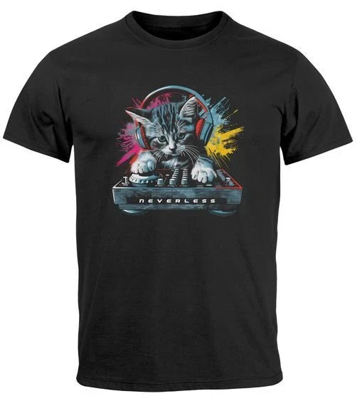 Mens T-Shirt Techno DJ Cat Electronic Music Rave Festival Print Shirt Unisex T-shirt, Sweatshirt, Hoodie, Long Sleeve Tee - T-Shirt, Sweatshirt, Hoodie