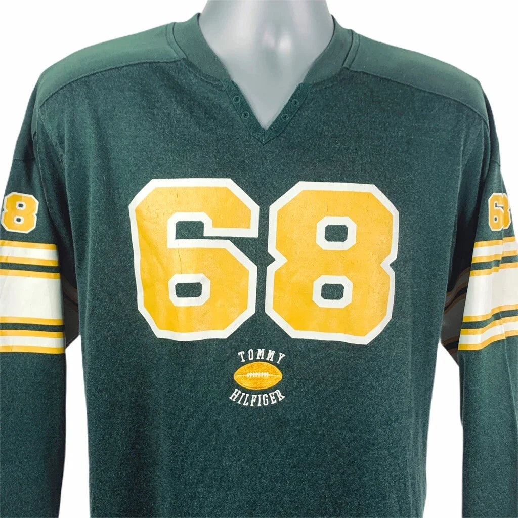 Tommy Hilfiger 68 Mens Football Style Jersey Green Yellow V Neck Long Sleeve M Unisex T-shirt, Sweatshirt, Hoodie, Long Sleeve Tee - T-Shirt, Sweatshirt, Hoodie