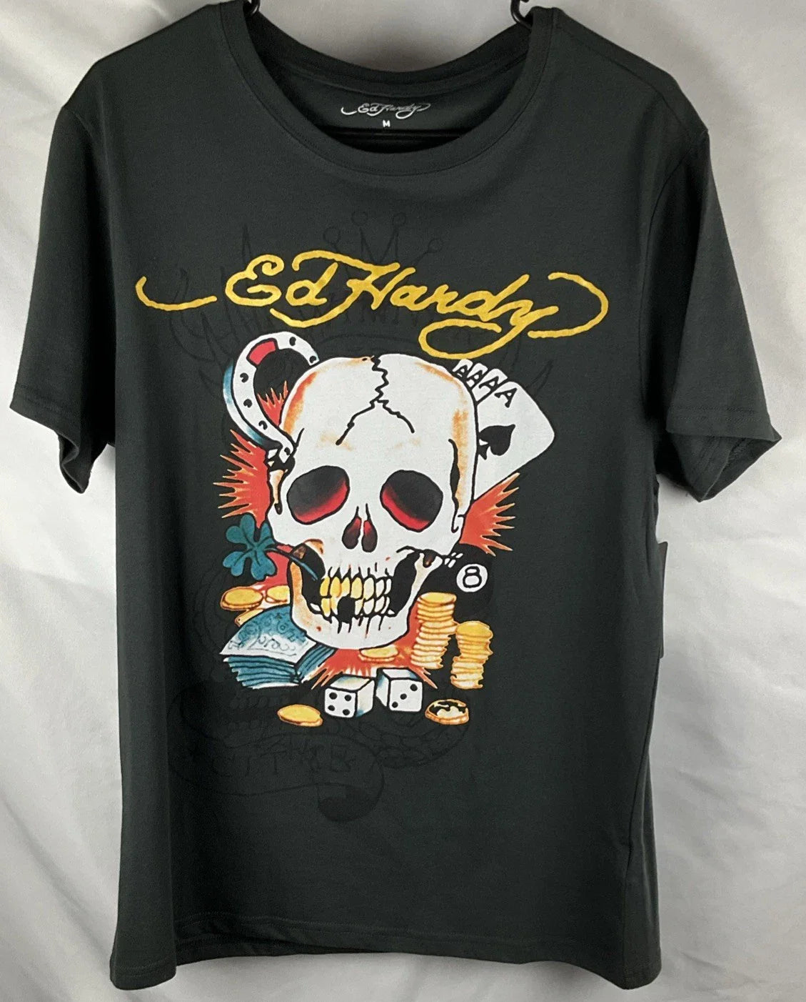 Ed Hardy Skull Casino Graphic T Shirt Mens Charcoal Medium Y2K Tattoo Dice Money Unisex T-shirt, Sweatshirt, Hoodie, Long Sleeve Tee - T-Shirt, Sweatshirt, Hoodie