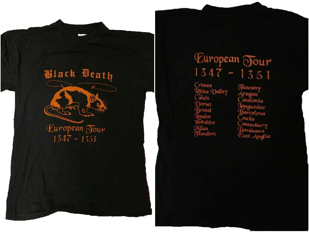 BLACK~DEATH EUROPEAN TOUR 1347-1351 VINTAGE 80'S 1980 T SHIRT RARE T SHIRT Unisex T-shirt, Sweatshirt, Hoodie, Long Sleeve Tee - T-Shirt, Sweatshirt, Hoodie