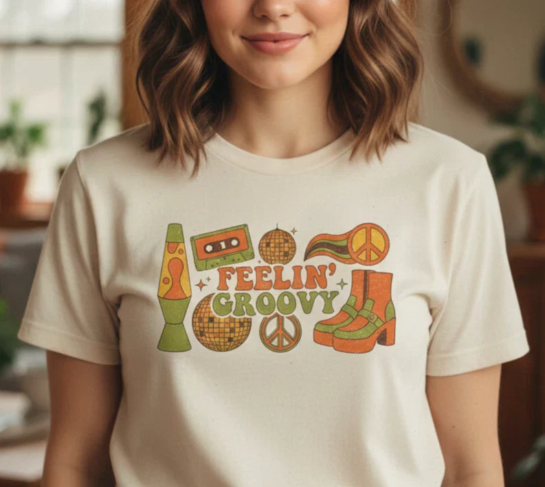 Feelin' Groovy Retro 70s Shirt Gildan 5000 Cotton Vintage Aesthetic Graphic Tee Unisex T-shirt, Sweatshirt, Hoodie, Long Sleeve Tee - T-Shirt, Sweatshirt, Hoodie