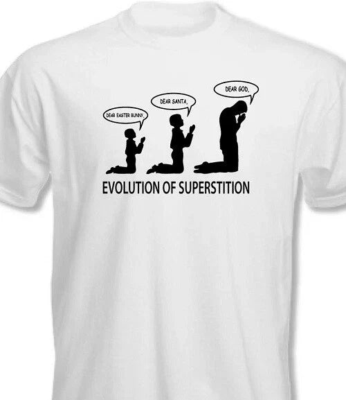 Evolution of Superstition T shirt tee Santa Easter God Atheist anti Religion Unisex T-shirt, Sweatshirt, Hoodie, Long Sleeve Tee - T-Shirt, Sweatshirt, Hoodie
