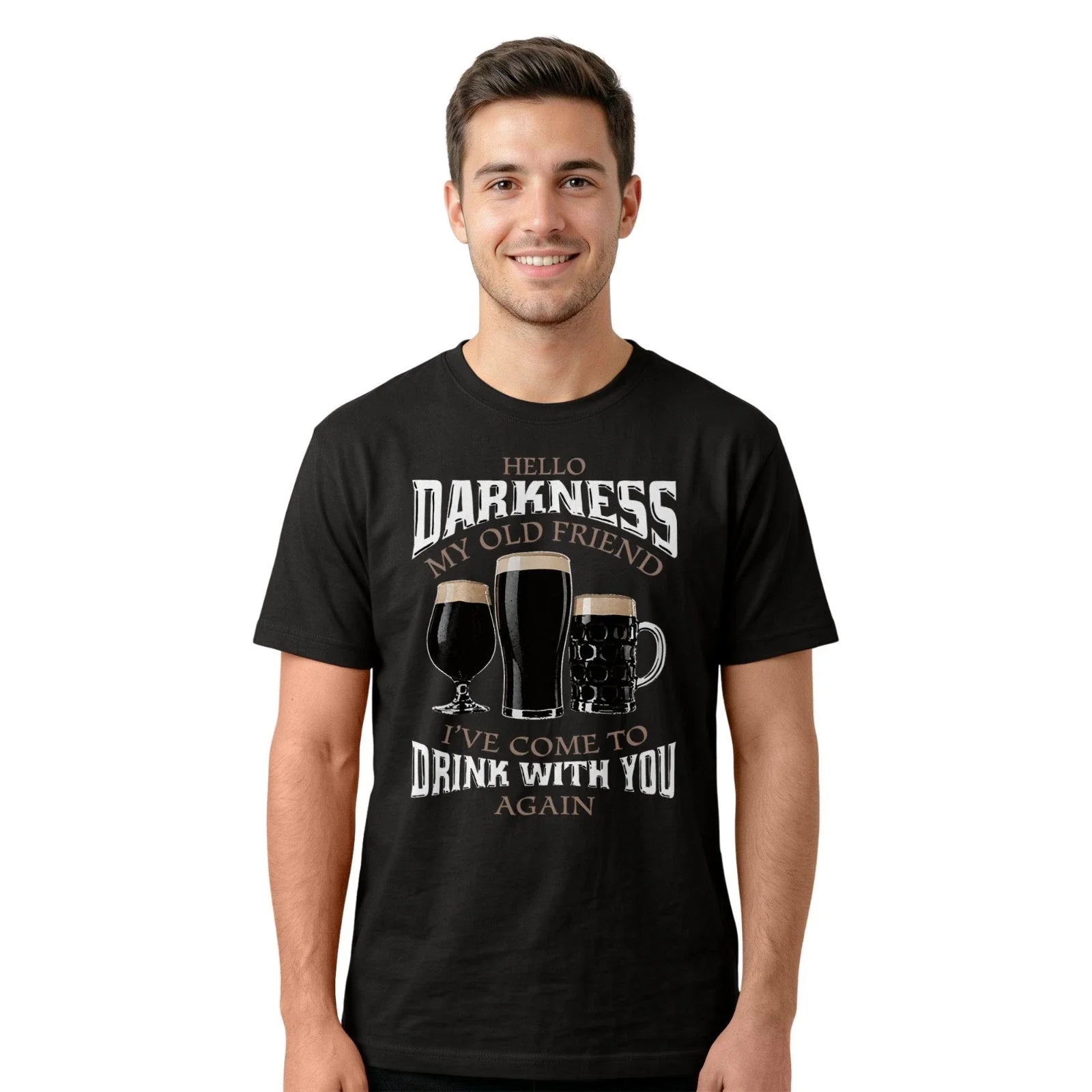 Hello Darkness My Old Friend T-Shirt | Funny Beer Drinking Beer Lovers Tee Unisex T-shirt, Sweatshirt, Hoodie, Long Sleeve Tee - T-Shirt, Sweatshirt, Hoodie