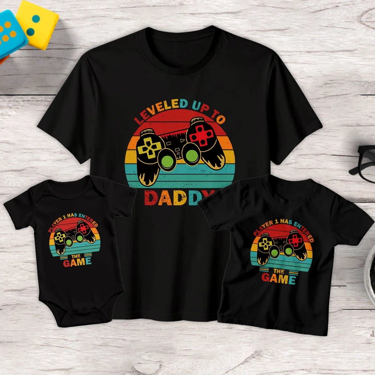 Leveled Up To Daddy Mens Kids Funny Fathers Day T-Shirt Tee Baby Romper #FD Unisex T-shirt, Sweatshirt, Hoodie, Long Sleeve Tee - T-Shirt, Sweatshirt, Hoodie