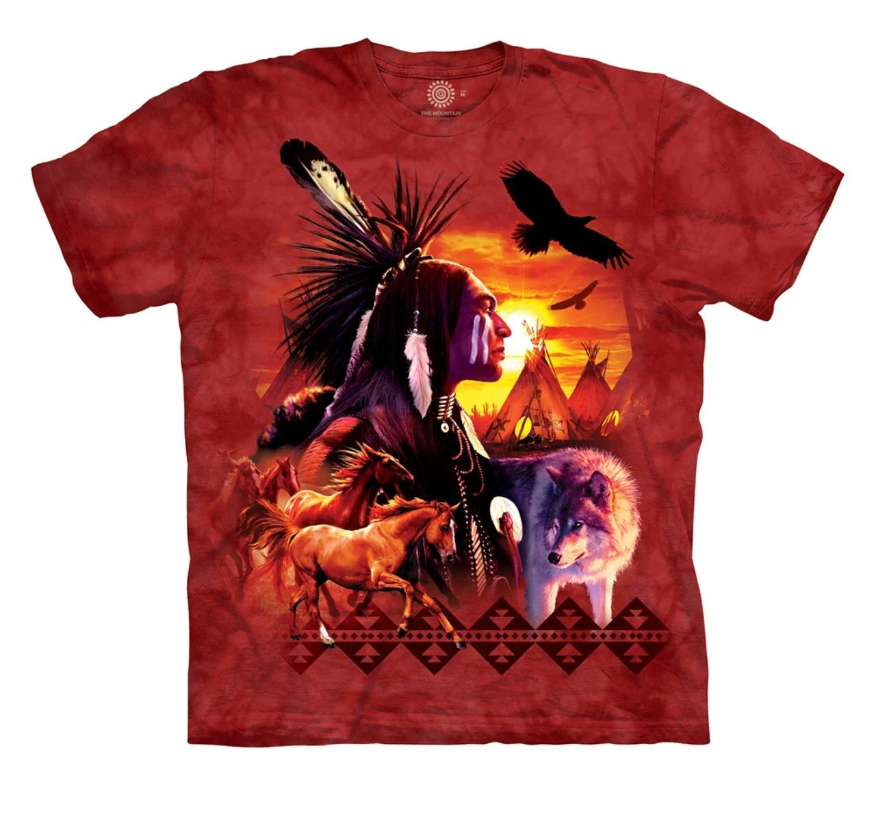 Wolf Horse Eagle Chief American Indian Collage Sunset Mountain Red Shirt S-3X Unisex T-shirt, Sweatshirt, Hoodie, Long Sleeve Tee - T-Shirt, Sweatshirt, Hoodie