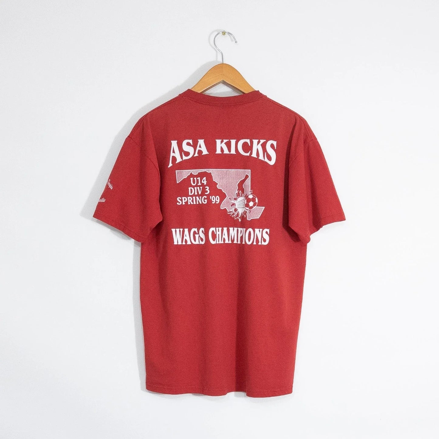 Vintage 90s ASA Kicks Wags Champions T Shirt Mens Large - Soccer Tournament Red Unisex T-shirt, Sweatshirt, Hoodie, Long Sleeve Tee - T-Shirt, Sweatshirt, Hoodie