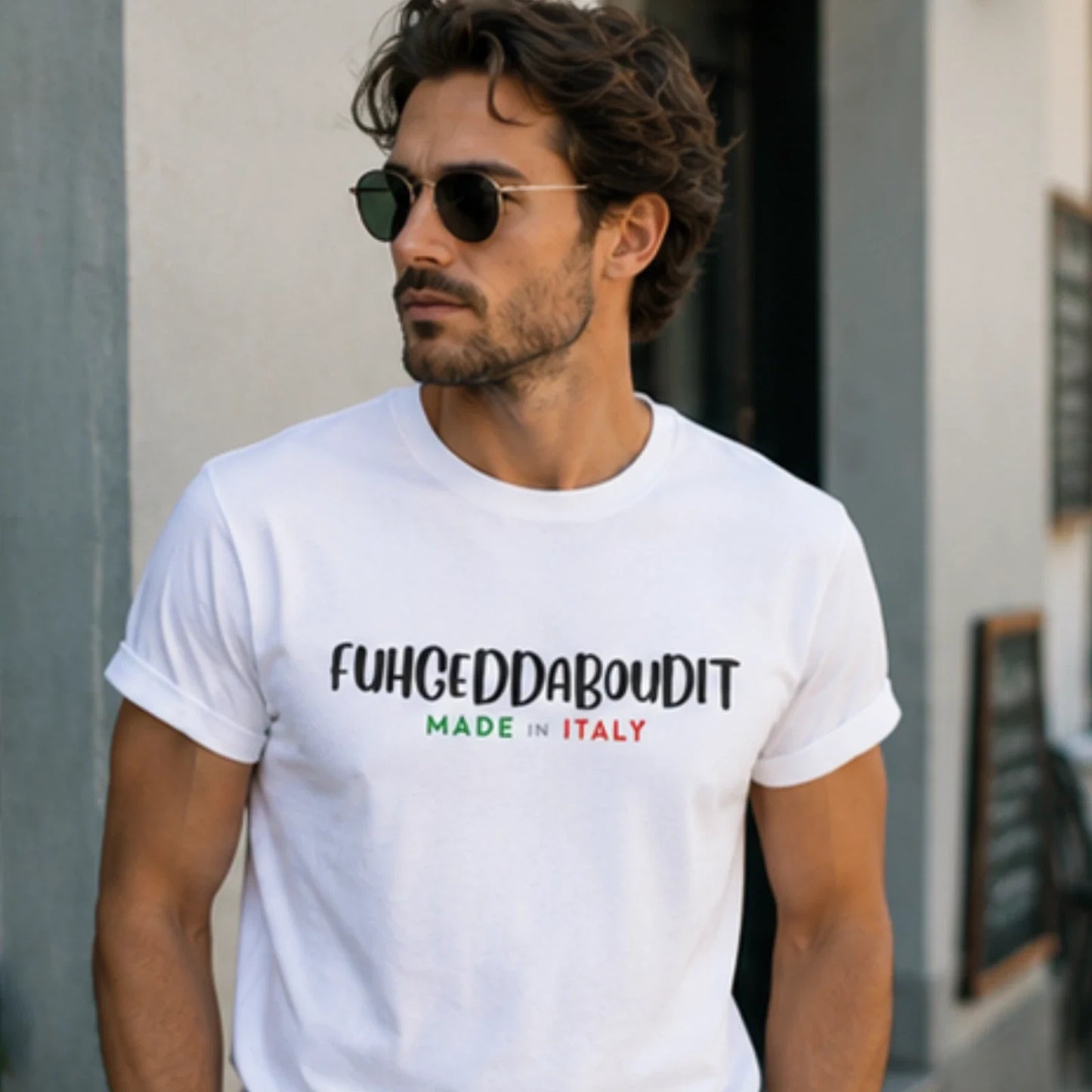Fuhgeddaboudit Made in Italy T-shirt | Italian Phrase Tee | Men's Graphic Tee Unisex T-shirt, Sweatshirt, Hoodie, Long Sleeve Tee - T-Shirt, Sweatshirt, Hoodie