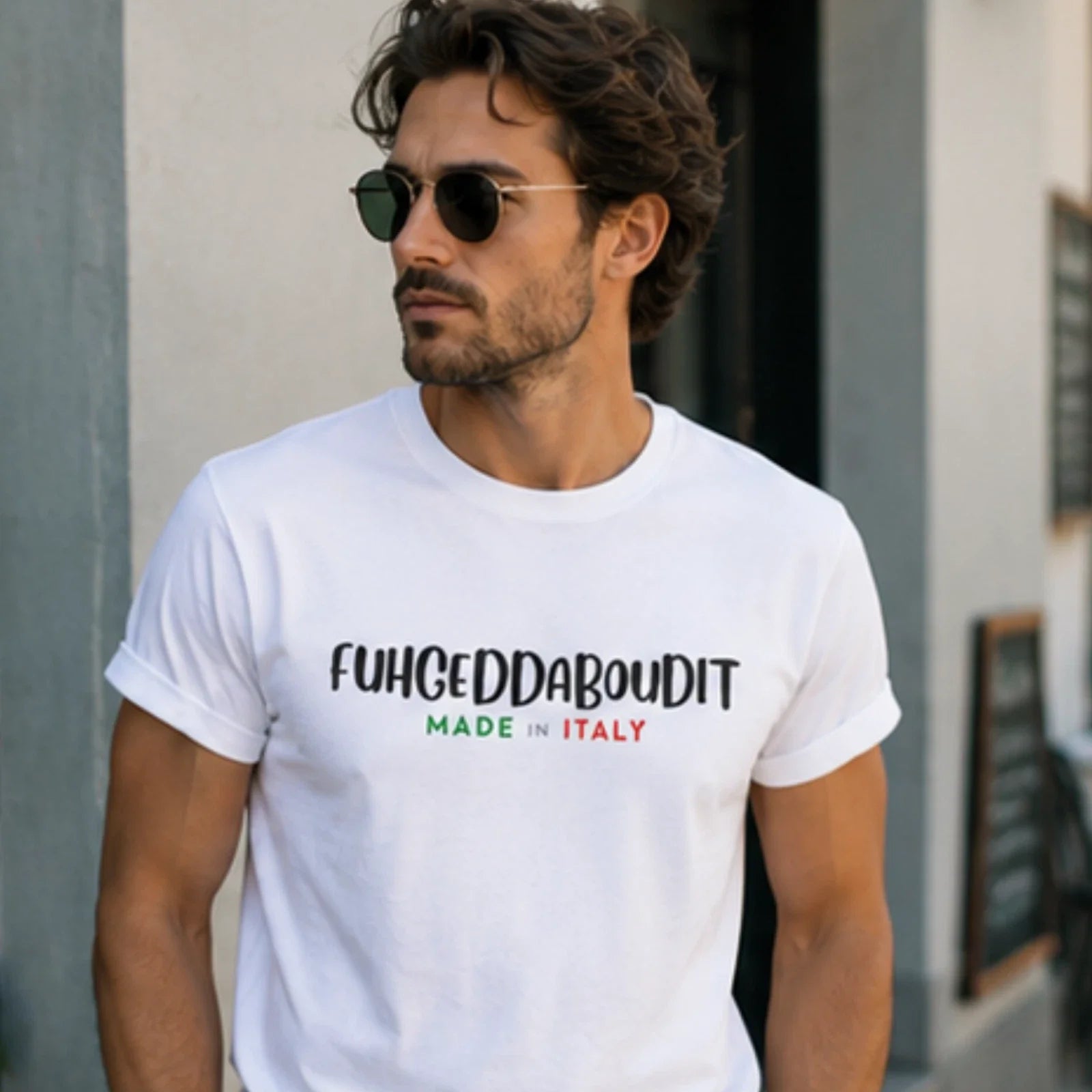 Fuhgeddaboudit Made in Italy T-shirt | Italian Phrase Tee | Men's Graphic Tee Unisex T-shirt, Sweatshirt, Hoodie, Long Sleeve Tee - T-Shirt, Sweatshirt, Hoodie