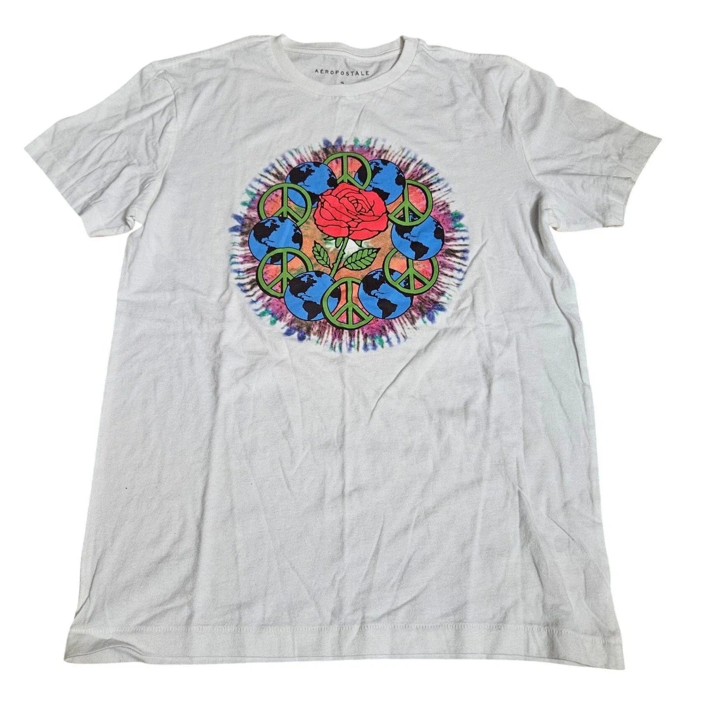 Aeropostale Mens Small White Graphic Tee Peace Sign Earth Rose Tie Dye Print Unisex T-shirt, Sweatshirt, Hoodie, Long Sleeve Tee - T-Shirt, Sweatshirt, Hoodie