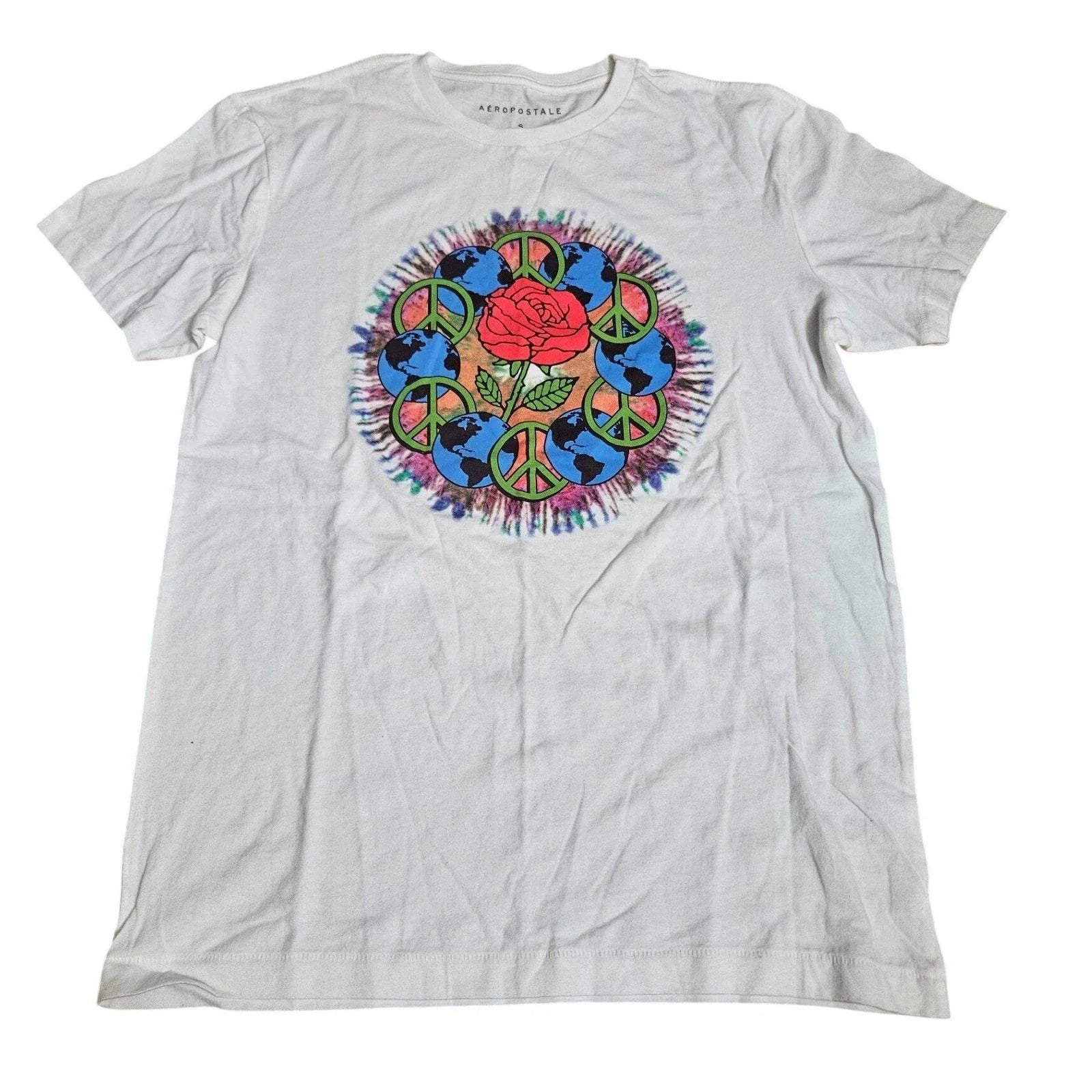 Aeropostale Mens Small White Graphic Tee Peace Sign Earth Rose Tie Dye Print Unisex T-shirt, Sweatshirt, Hoodie, Long Sleeve Tee - T-Shirt, Sweatshirt, Hoodie