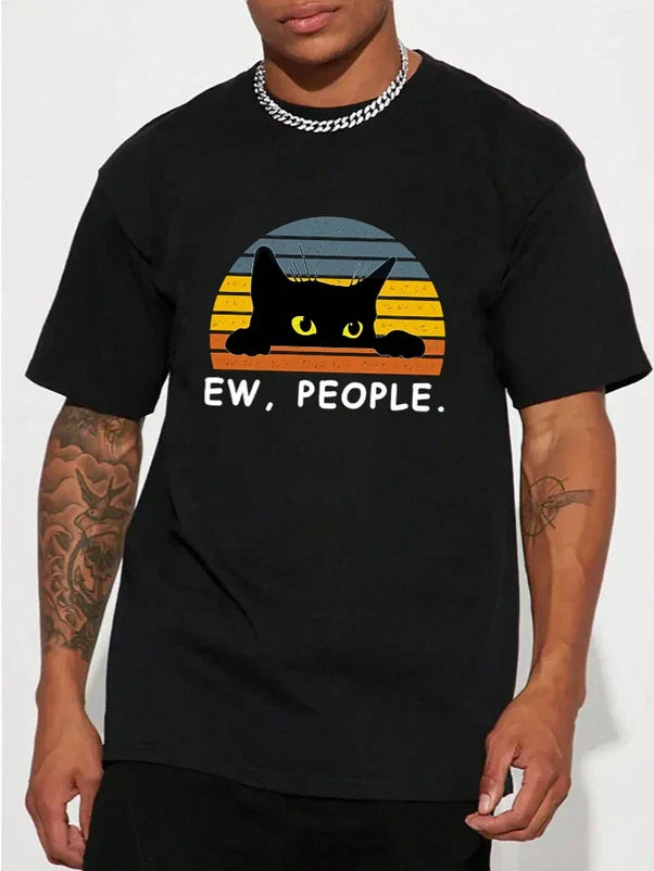 Mens Ew People Cat T-Shirt Funny Black Cat Retro Sunset Graphic Short Sleeve Tee Unisex T-shirt, Sweatshirt, Hoodie, Long Sleeve Tee - T-Shirt, Sweatshirt, Hoodie