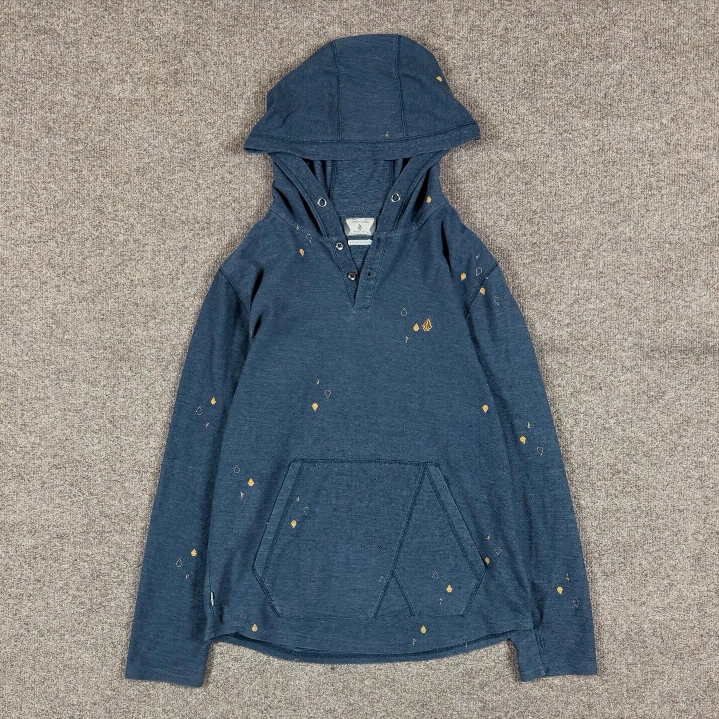 Y2K Volcom Blue Hooded Long Sleeve Shirt Mens Medium Stone Pattern Lightweight Unisex T-shirt, Sweatshirt, Hoodie, Long Sleeve Tee - T-Shirt, Sweatshirt, Hoodie