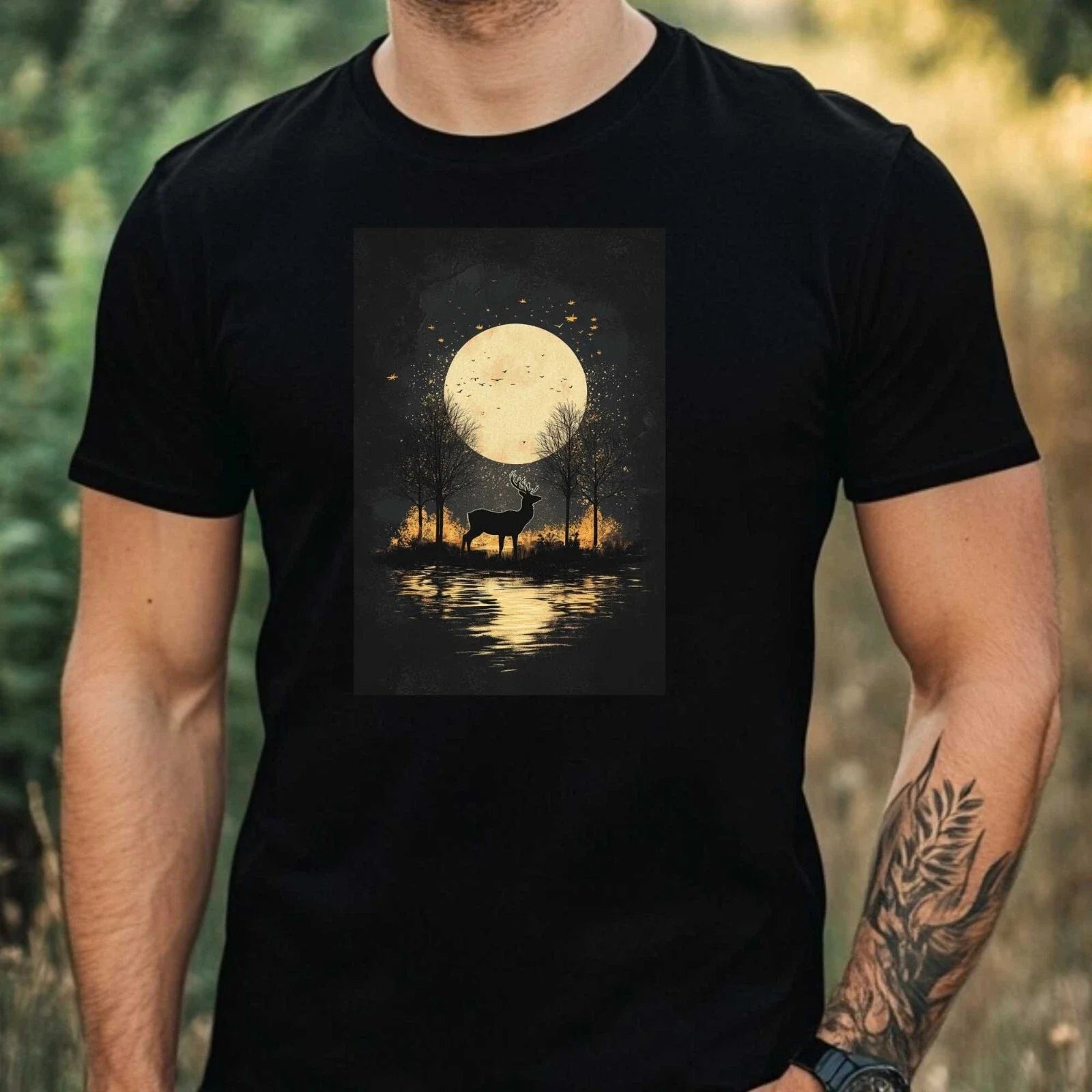 Mens Deer In The Moonlight Motif Cotton T-Shirt Size XS to 5XL Unisex T-shirt, Sweatshirt, Hoodie, Long Sleeve Tee - T-Shirt, Sweatshirt, Hoodie