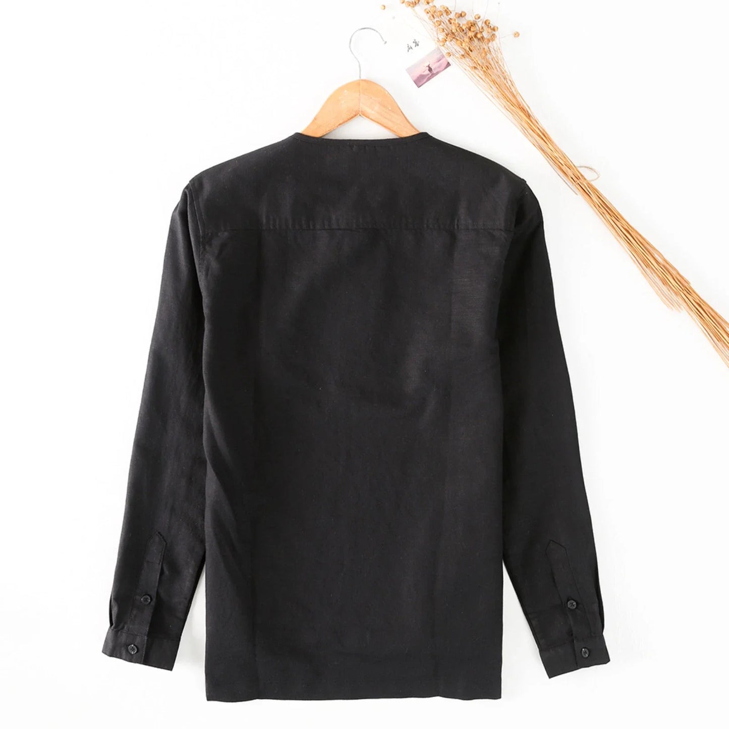 Mens Casual Long Sleeve Button Shirt Round Neck Cotton Linen Top Unisex T-shirt, Sweatshirt, Hoodie, Long Sleeve Tee - T-Shirt, Sweatshirt, Hoodie