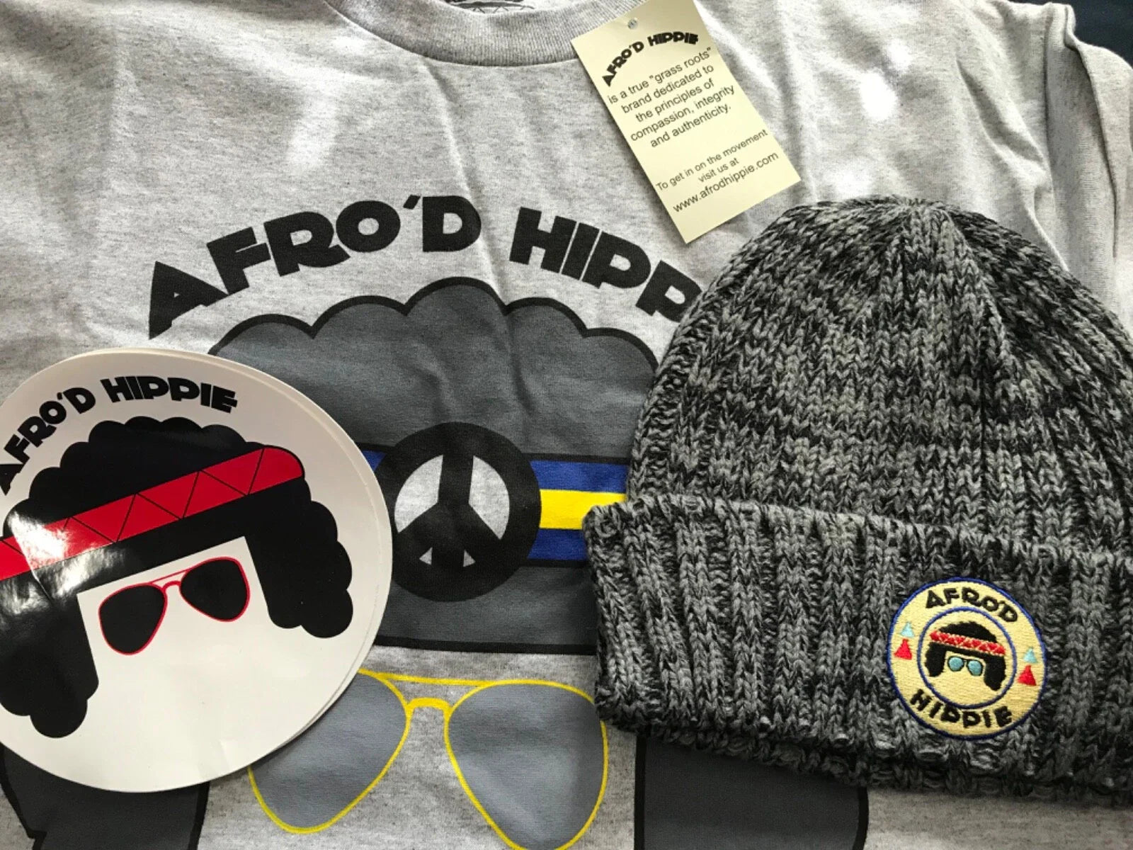 NWT Afrod Hippie Peace Round Neck T-Shirt Gray Large & knit hat & stickers Unisex T-shirt, Sweatshirt, Hoodie, Long Sleeve Tee - T-Shirt, Sweatshirt, Hoodie