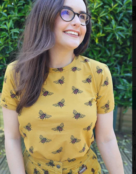 Unisex 80's style NEW retro, indie mustard t-shirt  with multi bee print Unisex T-shirt, Sweatshirt, Hoodie, Long Sleeve Tee - T-Shirt, Sweatshirt, Hoodie