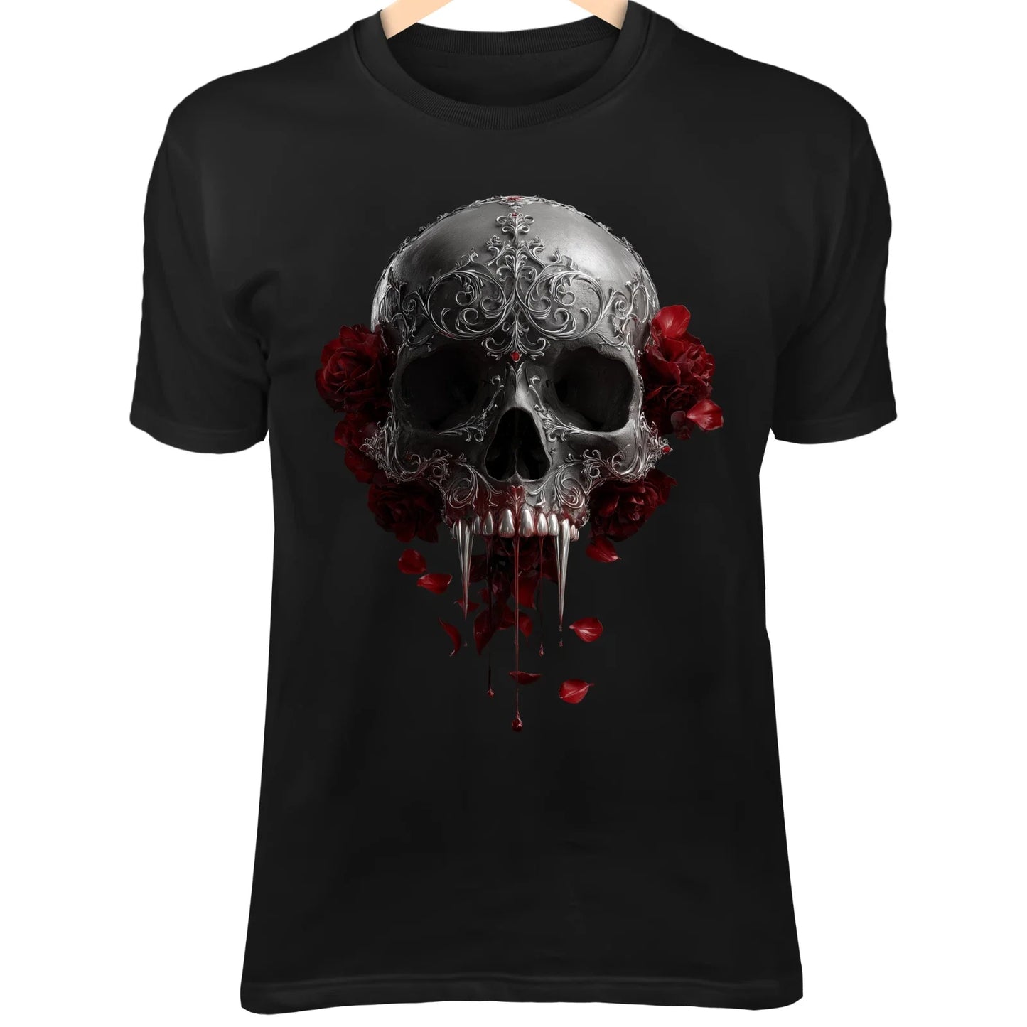 Vampire Skull T-Shirt  Blood Dripping Fangs, Gothic Filigree, Dark Rose Art Unisex T-shirt, Sweatshirt, Hoodie, Long Sleeve Tee - T-Shirt, Sweatshirt, Hoodie