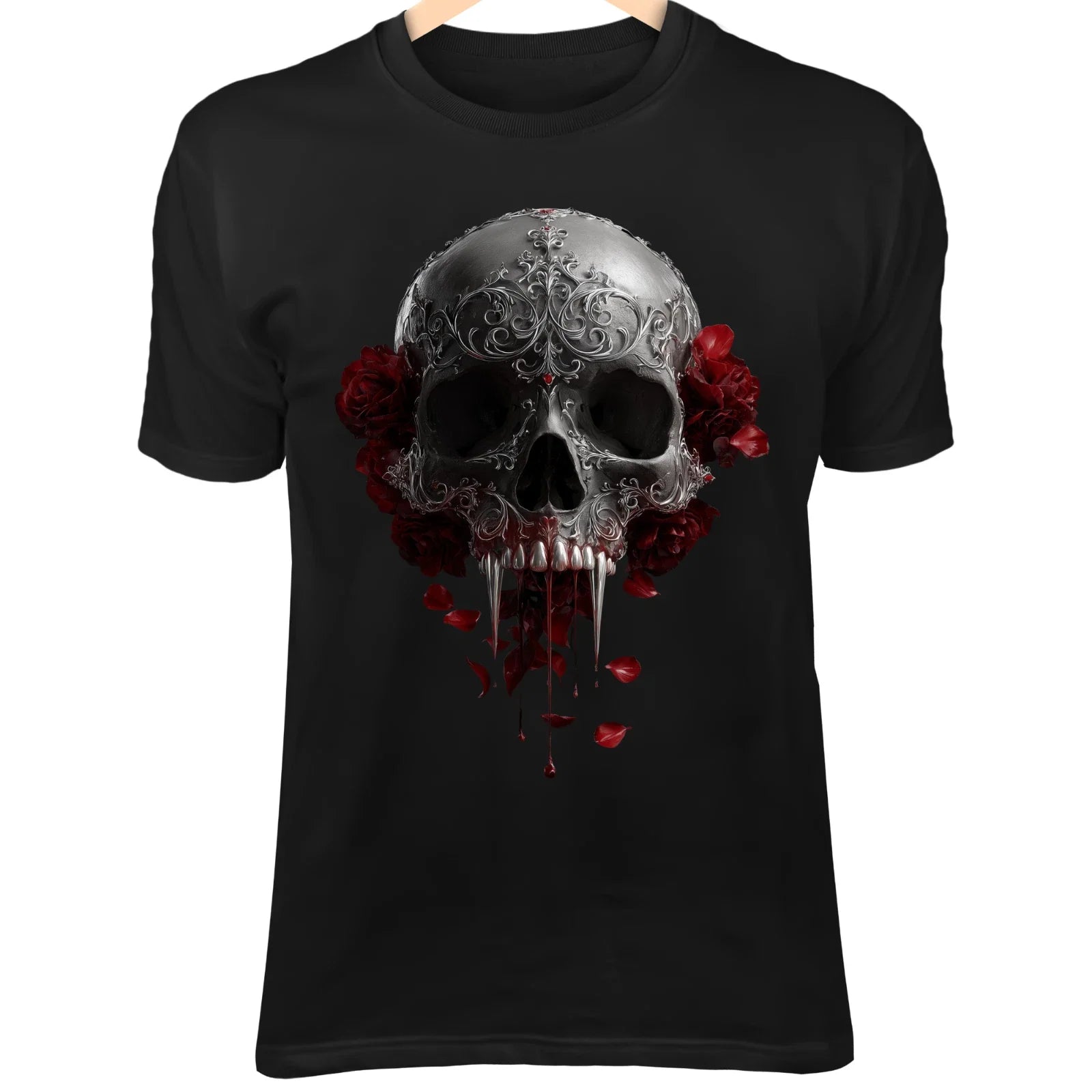 Vampire Skull T-Shirt  Blood Dripping Fangs, Gothic Filigree, Dark Rose Art Unisex T-shirt, Sweatshirt, Hoodie, Long Sleeve Tee - T-Shirt, Sweatshirt, Hoodie