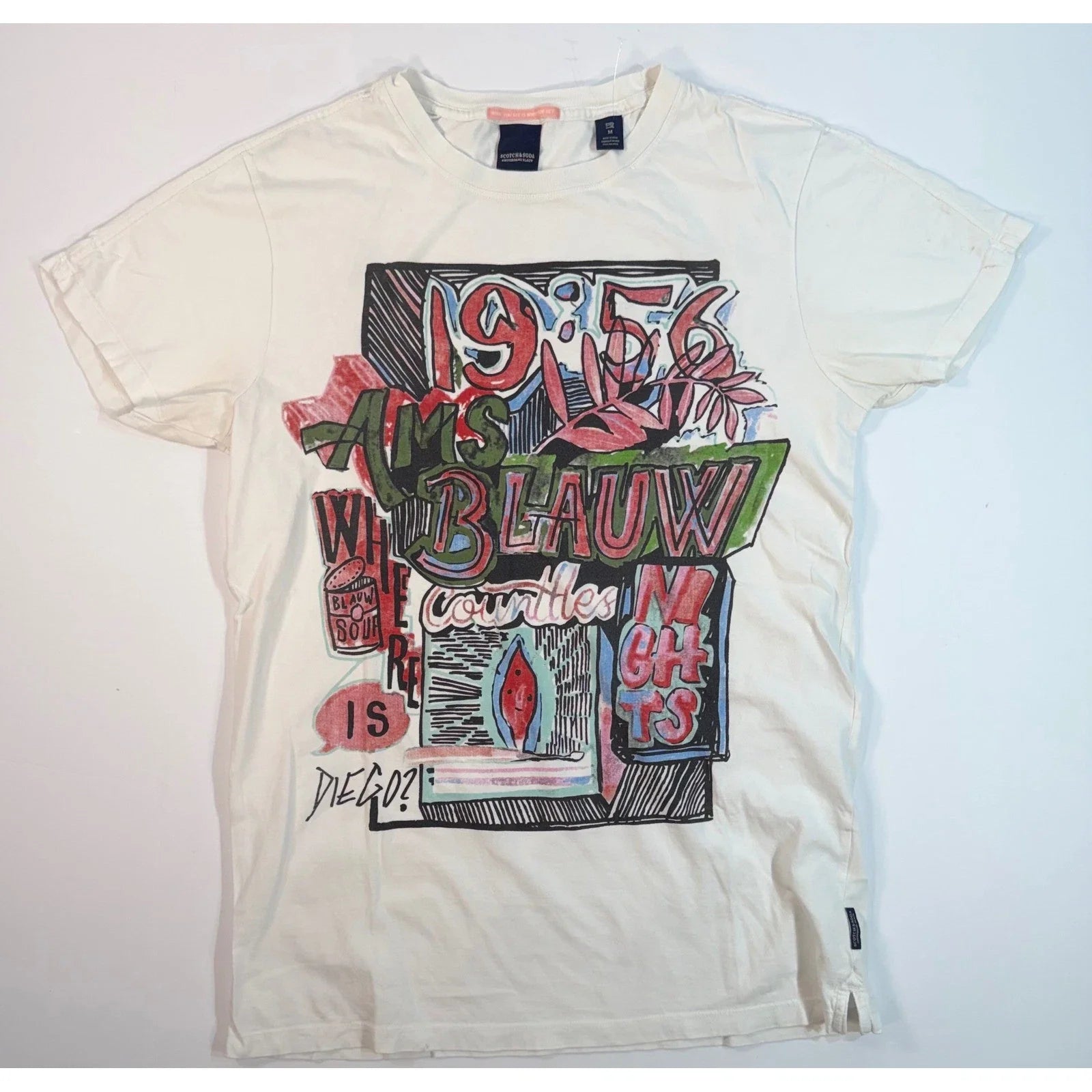 Scotch & Soda Amsterdams Blauw Graphic T-Shirt Mens Medium Cream Pop Art 1956 Unisex T-shirt, Sweatshirt, Hoodie, Long Sleeve Tee - T-Shirt, Sweatshirt, Hoodie
