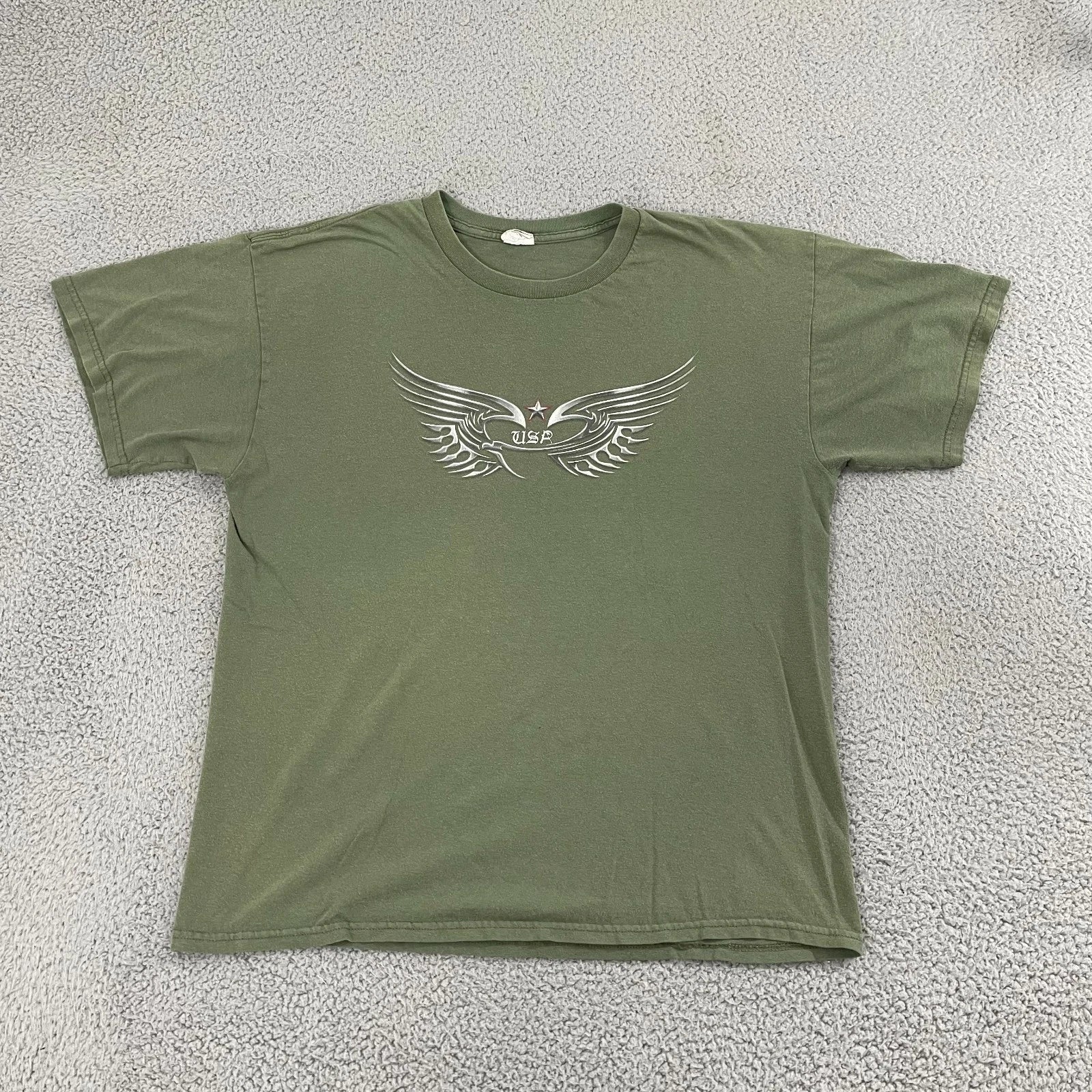 Metallic Wings USA Shirt Men L Olive Y2K Biker Short Sleeve Tee Unisex T-shirt, Sweatshirt, Hoodie, Long Sleeve Tee - T-Shirt, Sweatshirt, Hoodie