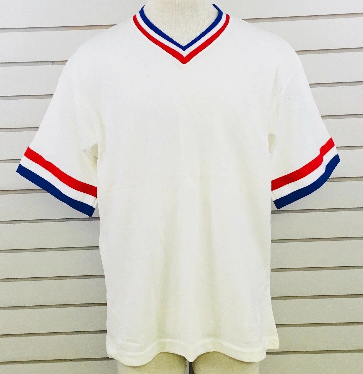 Vtg Mens L Sanjian Shirt V-Neck White Red Blue Polyester Trim Made in California Unisex T-shirt, Sweatshirt, Hoodie, Long Sleeve Tee - T-Shirt, Sweatshirt, Hoodie