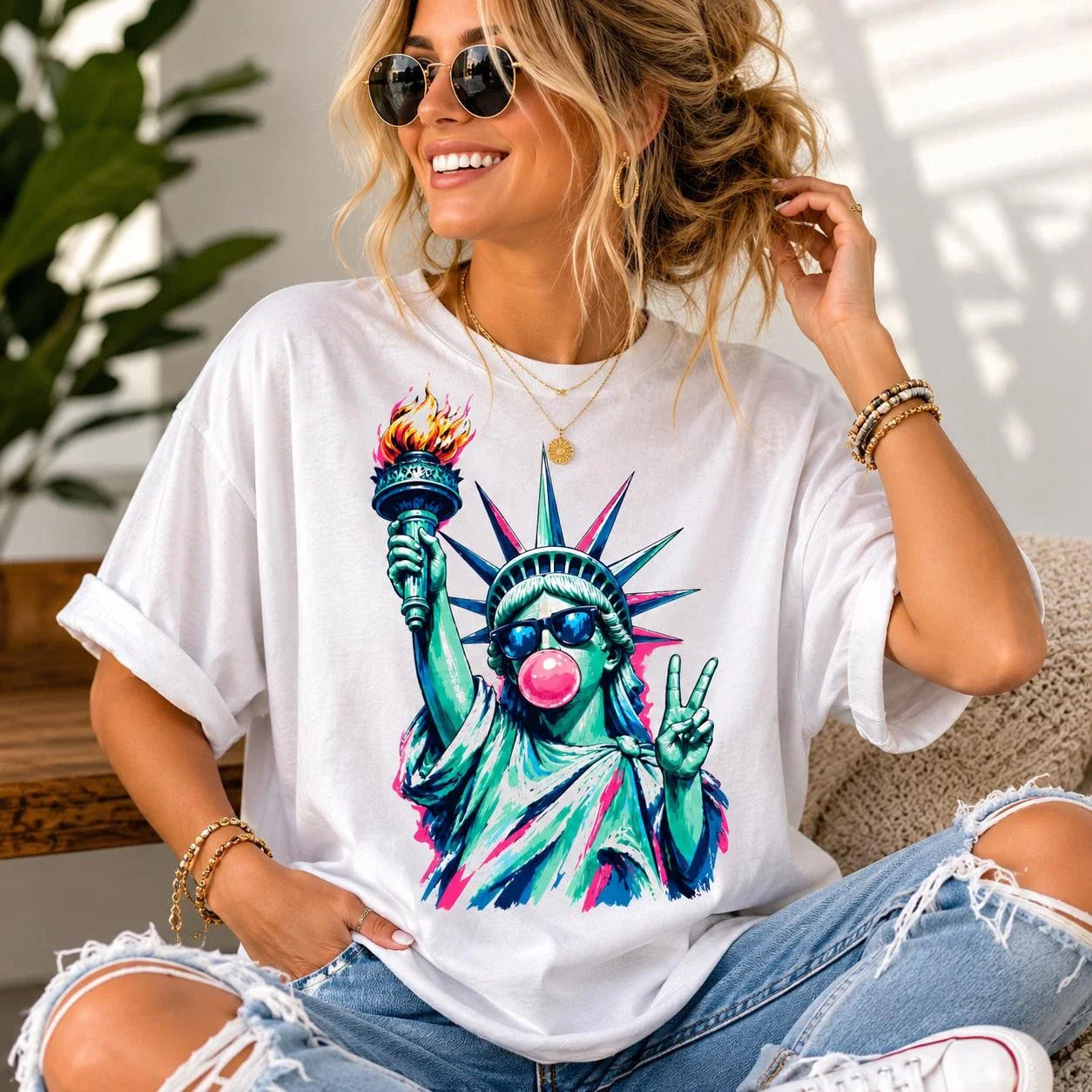 Fourth of July Shirt, Statue of Liberty Bubblegum Pop Art Tee, Trendy Retro Unisex T-shirt, Sweatshirt, Hoodie, Long Sleeve Tee - T-Shirt, Sweatshirt, Hoodie