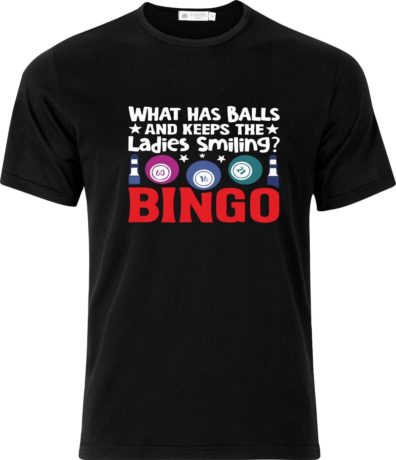 What has balls and keeps the Ladies Smiling BINGO DTF Full Color Cotton T shirt Unisex T-shirt, Sweatshirt, Hoodie, Long Sleeve Tee - T-Shirt, Sweatshirt, Hoodie