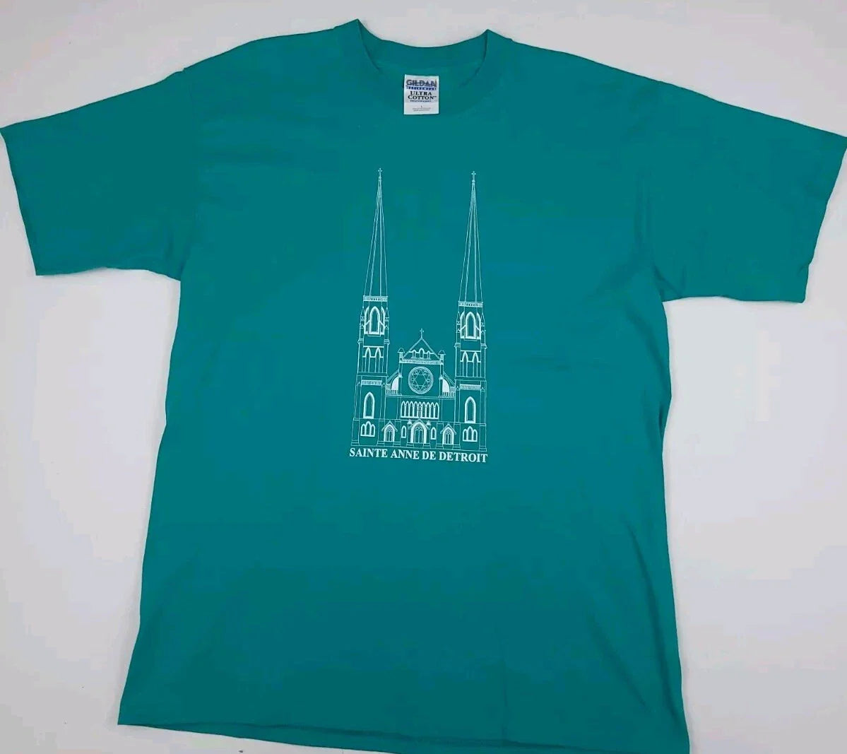 Vintage Saint Anne De Detroit Church Print T Shirt Vtg Y2k USA Michigan Teal L Unisex T-shirt, Sweatshirt, Hoodie, Long Sleeve Tee - T-Shirt, Sweatshirt, Hoodie
