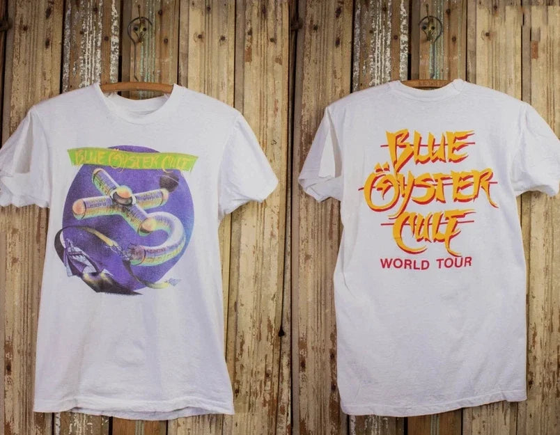 Vintage Blue Oyster Cult Club Ninja World Tour Concert T Shirt 1986 White Unisex T-shirt, Sweatshirt, Hoodie, Long Sleeve Tee - T-Shirt, Sweatshirt, Hoodie