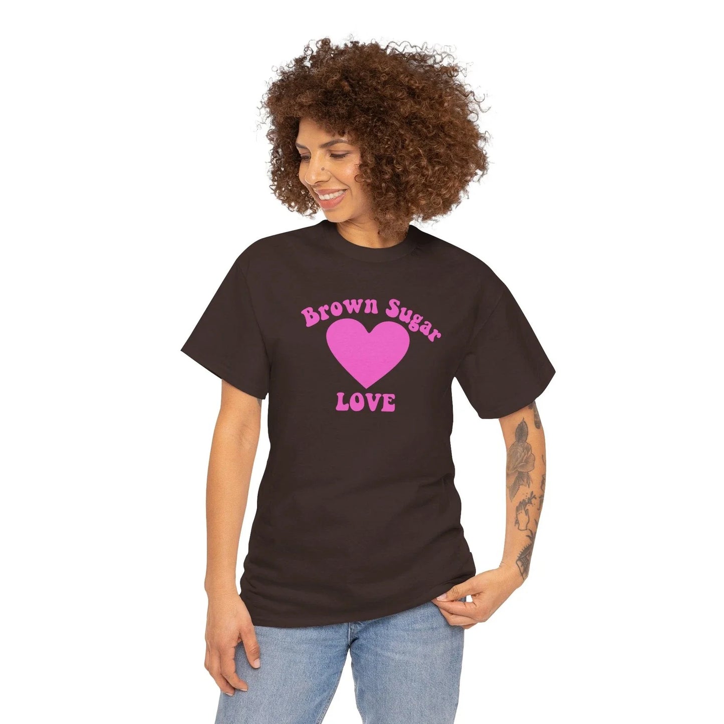 Brown Sugar Heart LOVE T-Shirt | Pink Heart Typography Unisex T-shirt, Sweatshirt, Hoodie, Long Sleeve Tee - T-Shirt, Sweatshirt, Hoodie
