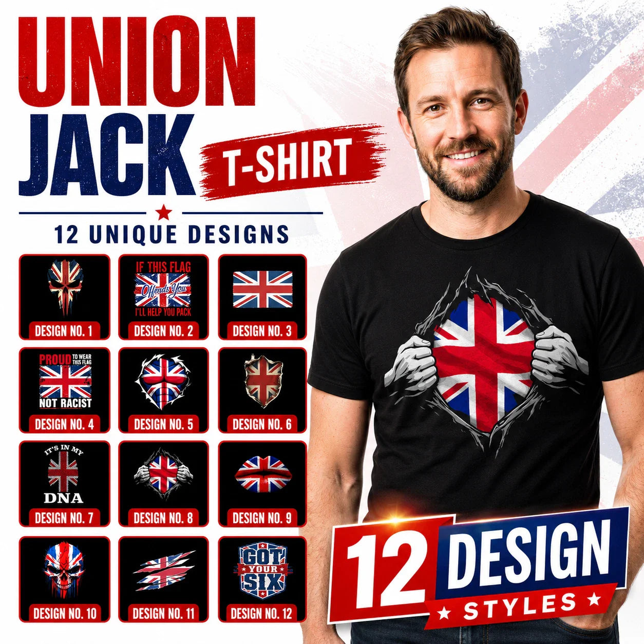 Union Jack T-Shirt | British Flag Patriotic UK Pride Tee | 12 Designs Options Unisex T-shirt, Sweatshirt, Hoodie, Long Sleeve Tee - T-Shirt, Sweatshirt, Hoodie