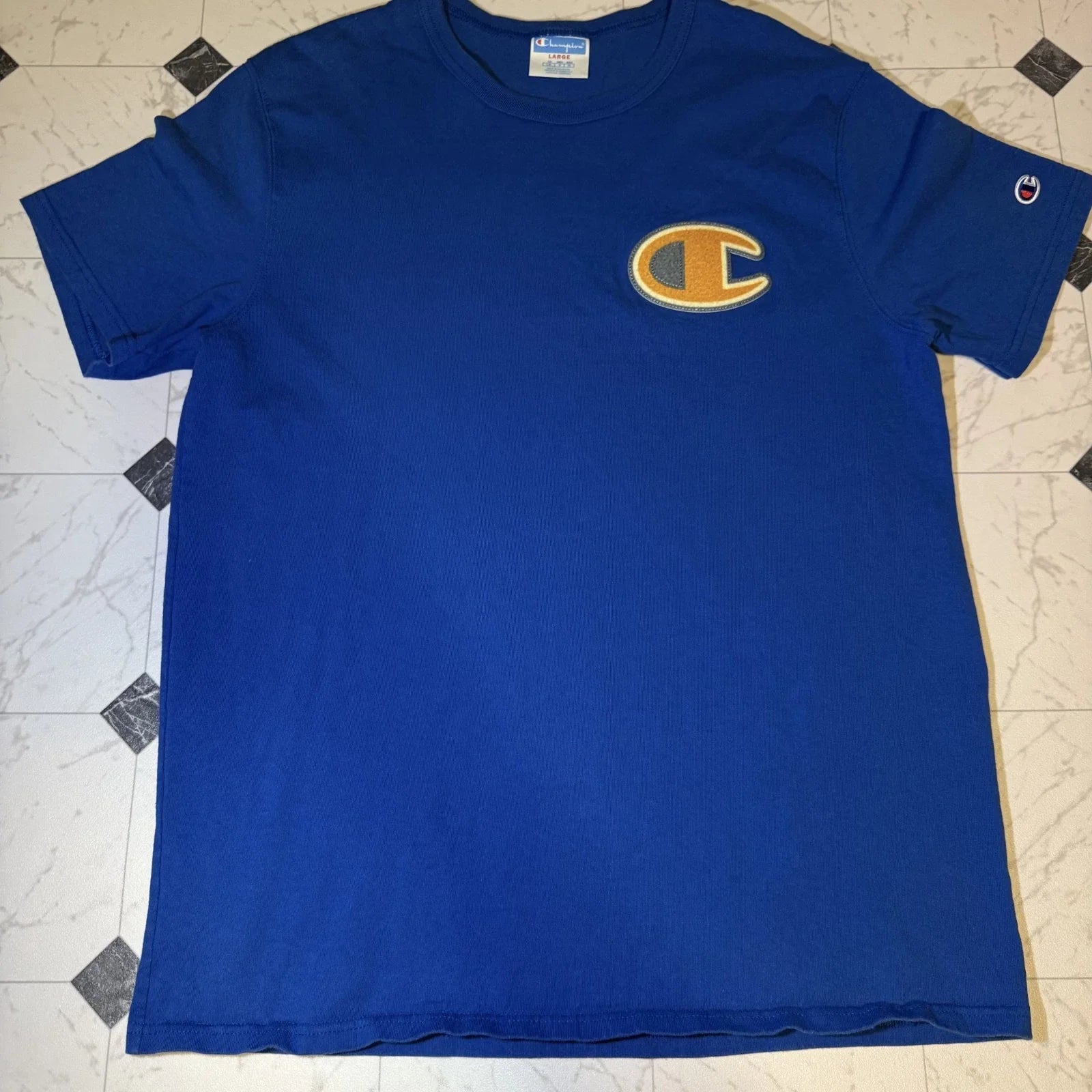 Champion Reverse Weave C Logo T Shirt Blue Large Embroidered Patch Tee Unisex T-shirt, Sweatshirt, Hoodie, Long Sleeve Tee - T-Shirt, Sweatshirt, Hoodie
