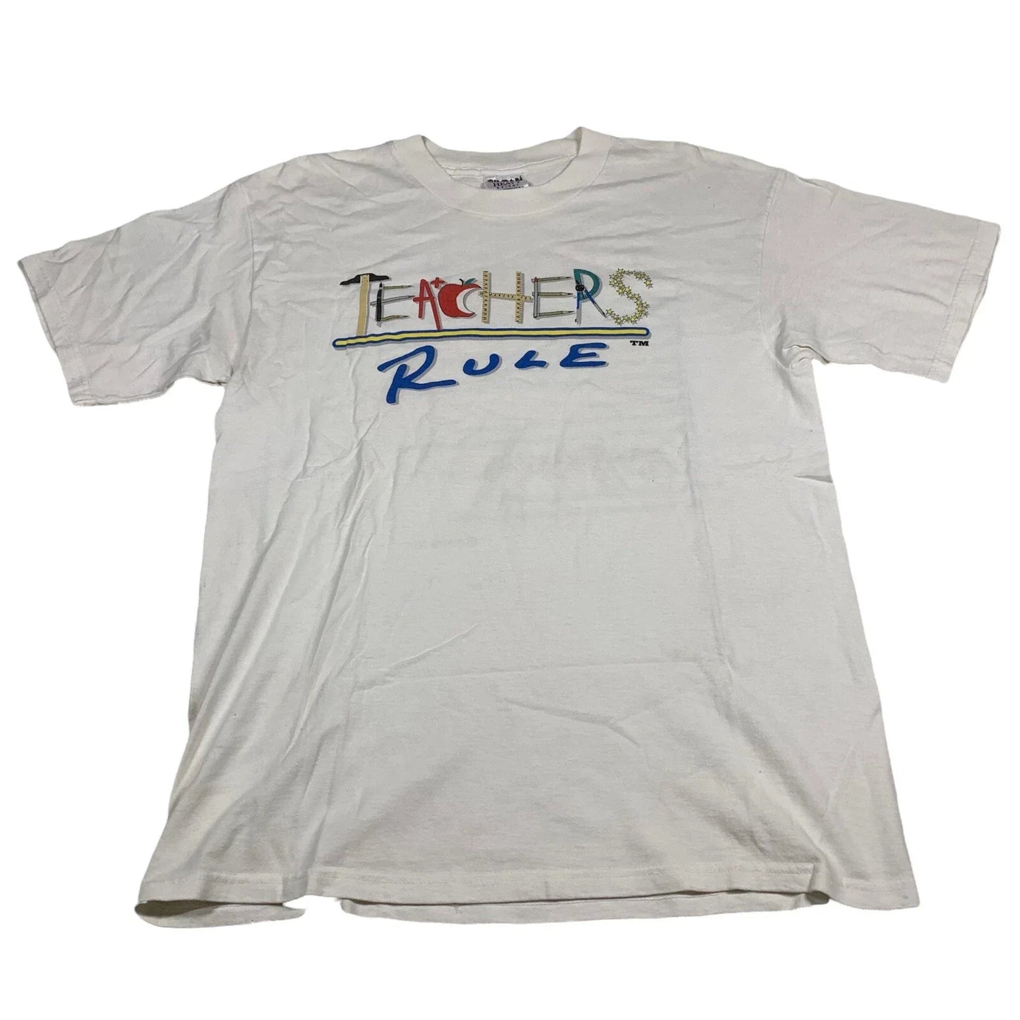 Vintage 90s Teachers Rule Shirt White Sz L Funny Joke Novelty Dad Tee Unisex T-shirt, Sweatshirt, Hoodie, Long Sleeve Tee - T-Shirt, Sweatshirt, Hoodie
