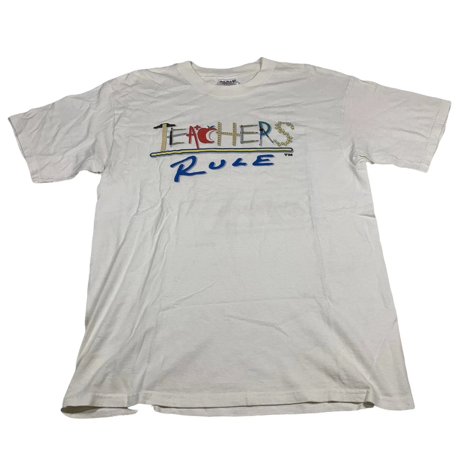 Vintage 90s Teachers Rule Shirt White Sz L Funny Joke Novelty Dad Tee Unisex T-shirt, Sweatshirt, Hoodie, Long Sleeve Tee - T-Shirt, Sweatshirt, Hoodie