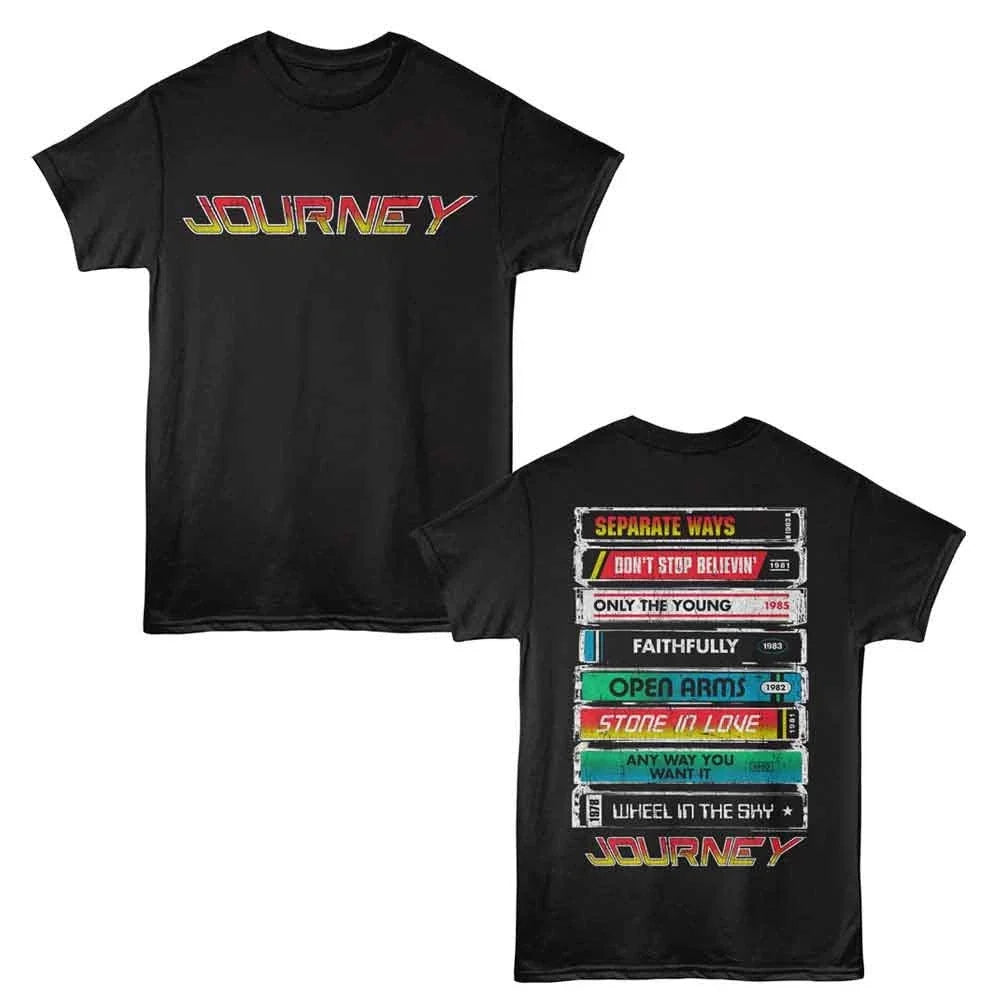 Journey - Song Cassettes - American Classics - Black 2-Sided Print Adult Short S Unisex T-shirt, Sweatshirt, Hoodie, Long Sleeve Tee - T-Shirt, Sweatshirt, Hoodie