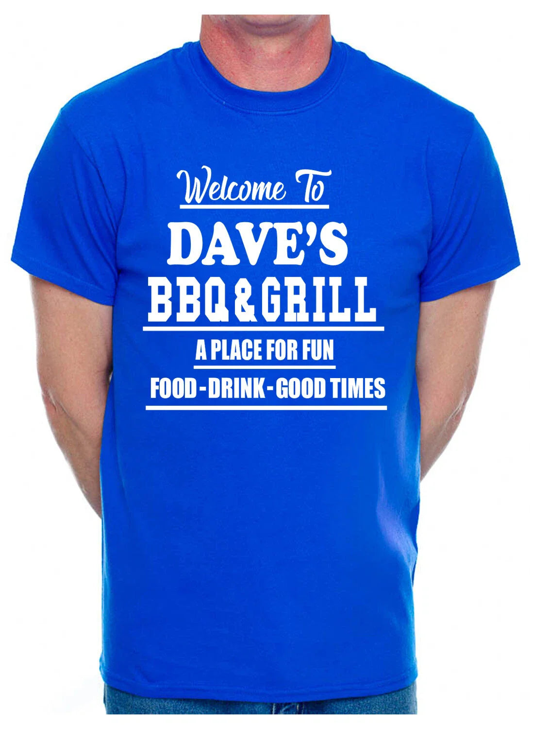 Customised Mens T-Shirt Any Name Or Word Dave's BBQ & Grill Your Name Pub Name Unisex T-shirt, Sweatshirt, Hoodie, Long Sleeve Tee - T-Shirt, Sweatshirt, Hoodie