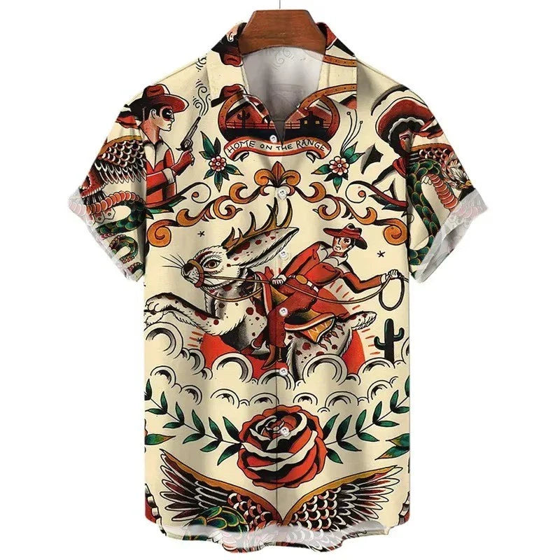 Mens Button Down Jackalope Rider Cowboy Tattoo Hawaiian Top Novelty Summer Shirt Unisex T-shirt, Sweatshirt, Hoodie, Long Sleeve Tee - T-Shirt, Sweatshirt, Hoodie