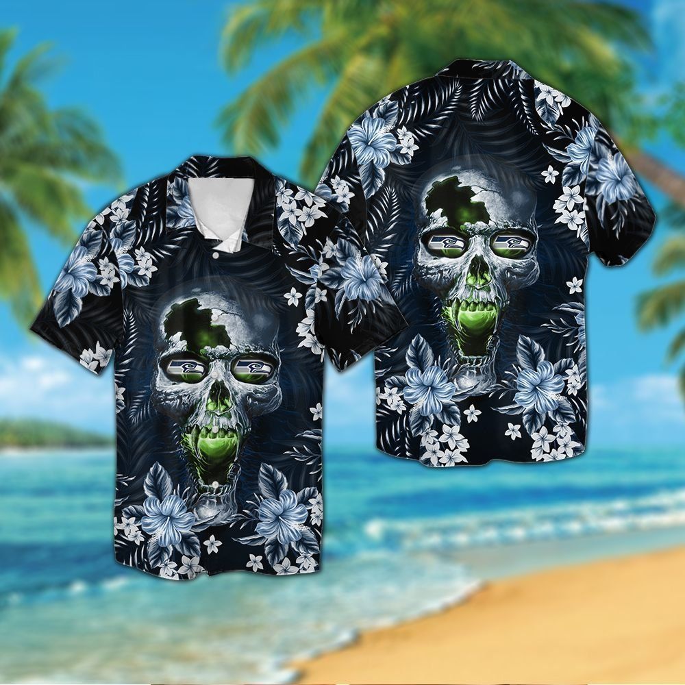 Seattle Seahawksskull Short Sleeve Button Up Tropical Hawaiian Shirt VER02 Unisex T-shirt, Sweatshirt, Hoodie, Long Sleeve Tee - T-Shirt, Sweatshirt, Hoodie