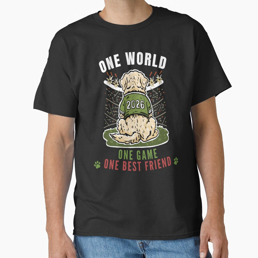 Golden Retriever Soccer Fan Dog - One World One Game 2026 by Volta Studio Unisex T-shirt, Sweatshirt, Hoodie, Long Sleeve Tee - T-Shirt, Sweatshirt, Hoodie