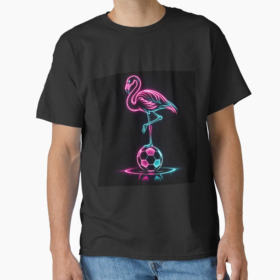 Neon Flamingo Balancing Act on a Soccer Ball Miami Host City by BrickByDream Unisex T-shirt, Sweatshirt, Hoodie, Long Sleeve Tee - T-Shirt, Sweatshirt, Hoodie